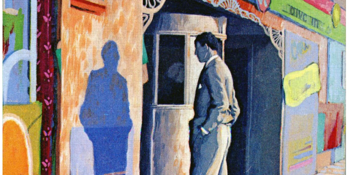 A man in a suit stares at his own shadow, outside of a movie theater, in an image by an unknown artist, as a book cover for Walker Percy's 'The Moviegoer'