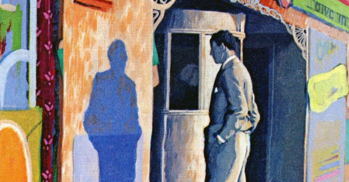 A man in a suit stares at his own shadow, outside of a movie theater, in an image by an unknown artist, as a book cover for Walker Percy's 'The Moviegoer'
