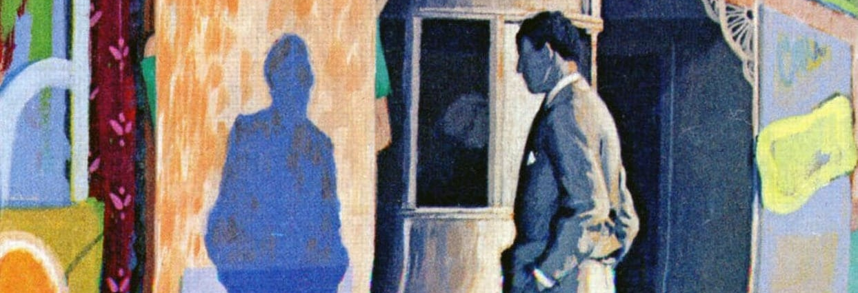 A man in a suit stares at his own shadow, outside of a movie theater, in an image by an unknown artist, as a book cover for Walker Percy's 'The Moviegoer'